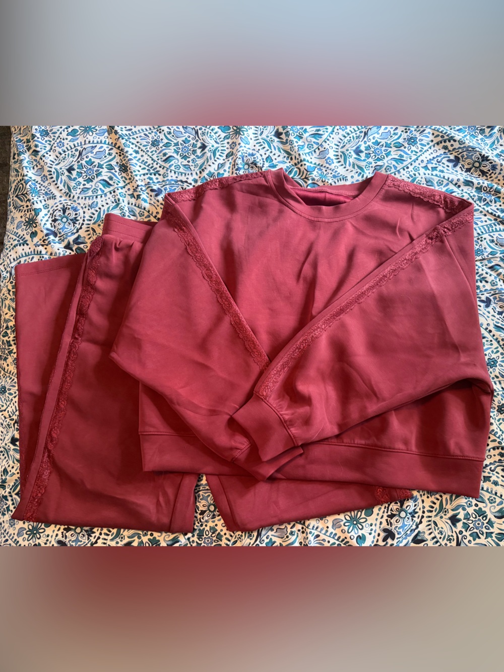 all in motion Maroon Lace-Trim Crewneck Sweatshirt and Pants set